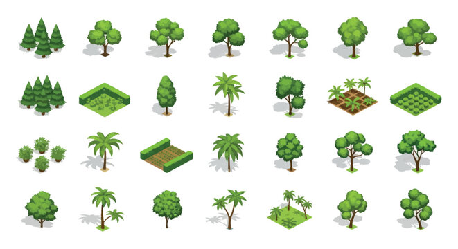 Isometric tree and landscape element set with garden plants and greenery