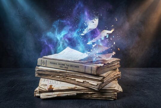 Stack of vintage tax record books with digital data fragmentation effect