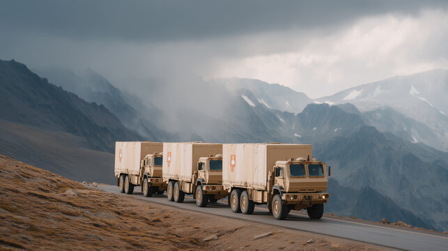 Relief supply convoy trucks parked in formation on mountain road, workers transfer medical boxes hand to hand under overcast sky, urgency conveyed in organized movement, ideal for disaster logistics