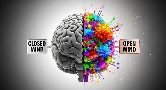 Conceptual illustration of a human brain divided into a grayscale closed mind and a vibrant, colorful open mind blooming with flowers