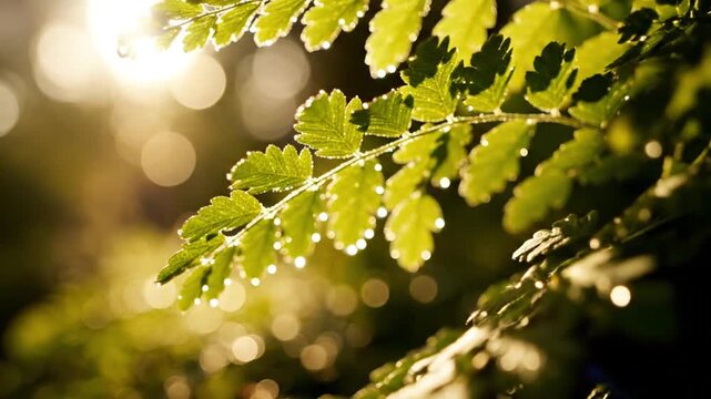 Macro shot of green foliage with small water droplets catching the warm golden sunlight creating a soft bokeh background and bright lens flares in a natural outdoor setting.