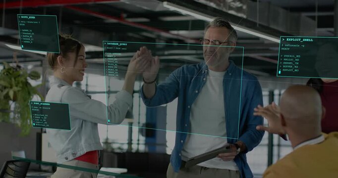 Lead raising tablet mid adult woman high-fiving teammates joining teal UI overlays showing tech win