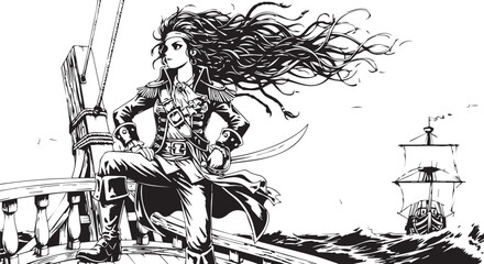 Pirate, swashbuckling pirate, sea, sailing ship, black and white vector, illustration © Uttam