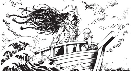 Pirate woman, sailing boat, black and white illustration, vector graphics, sea waves © Uttam