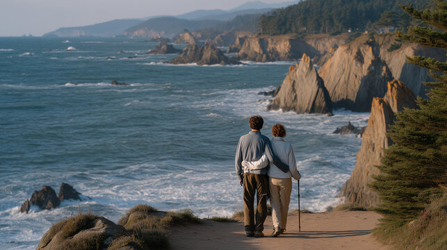 A couple holds a single shared walking stick on a narrow coastal pilgrimage path, waves crashing far below on rocky cliffs, their backs to the viewer in a candid unposed moment, perfect for pilgrima