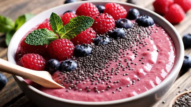 Pink berry smoothie bowl decorated with rows of fresh red raspberries, ripe blueberries, and black chia seeds, garnished with a sprig of green mint, served in a white bowl.