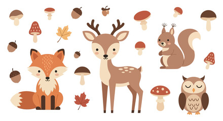 Fototapeta premium Cute woodland animals cartoon vector set with fox deer squirrel owl.