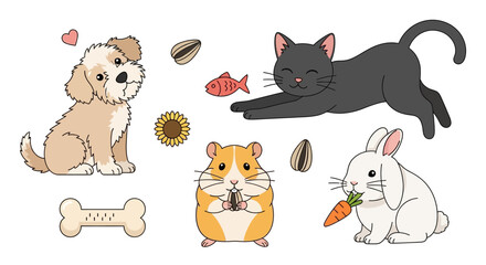 Fototapeta premium Cute cartoon pet animal characters dog cat rabbit hamster.