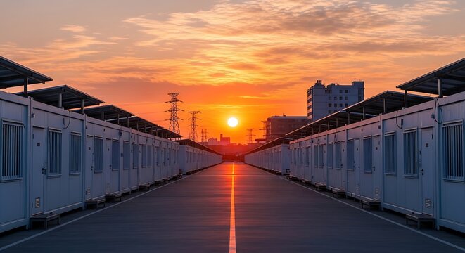Symmetrical rows of modular container housing units at sunset