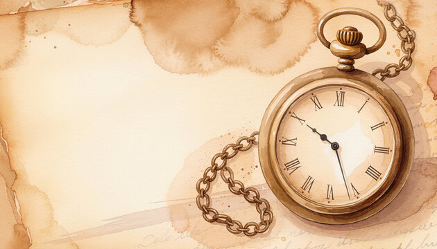 Watercolor Antique Clock and Time Sepia Artistic Illustration
