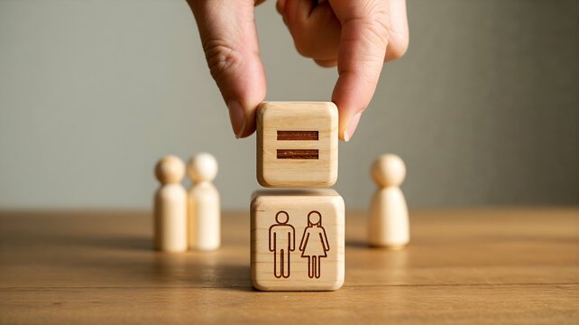 Gender Equality Concept with Equal Sign Dice, Male Female Symbols and Wooden Figures