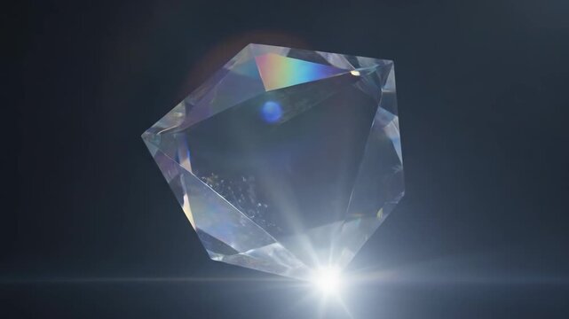Abstract crystal prism with light refraction and dark background.