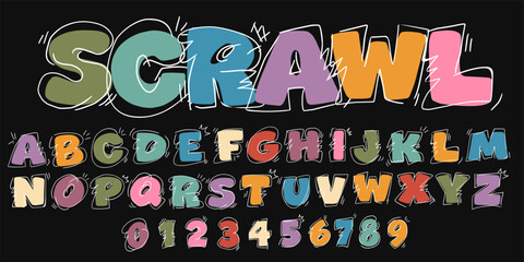 Colorful Scrawl Doodle Alphabet and Numbers. Messy Outline Graffiti Font Vector Illustration. Creative Hand Drawn Sketchy Letters. © Irnan