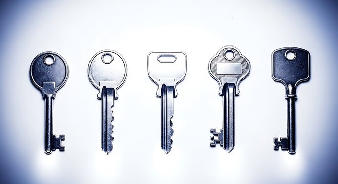 Five different metal keys lined up in a row isolated on white background