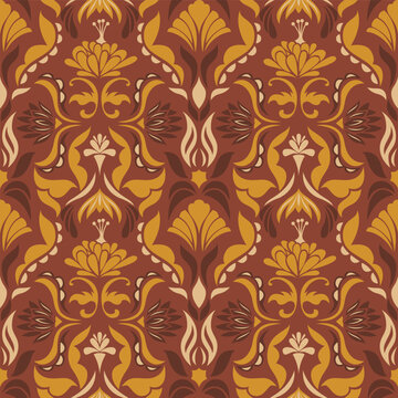 70s Retro Floral Seamless Pattern: Stylized Damask with Mustard Yellow Palmettes and Terracotta Lotus for Boho Wallpaper and Autumn Textiles