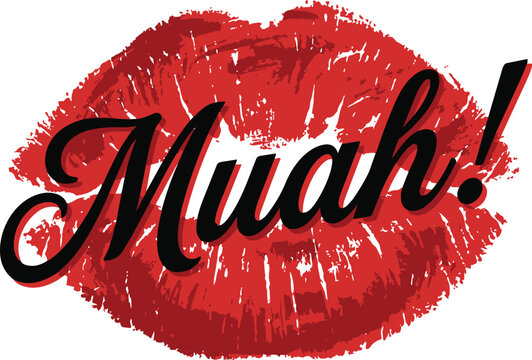 Textured red lipstick kiss mark icon with black Muah lettering for romantic design projects and valentine themed marketing materials on white