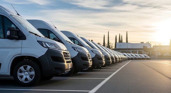 A fleet of white commercial delivery vans parked in a row at sunset