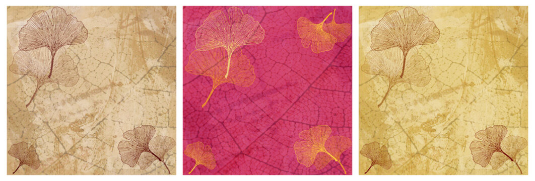 Triptyque 3 Motifs Fond Feuillage et Feuilles Ginkgo en Beige, Rouge et Dor&eacute; - Illustration