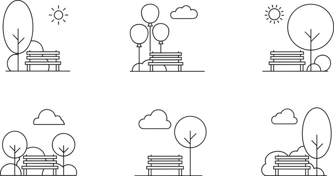 Minimalist set of six line art icons featuring park benches with trees sun clouds and balloons in modern vector style.