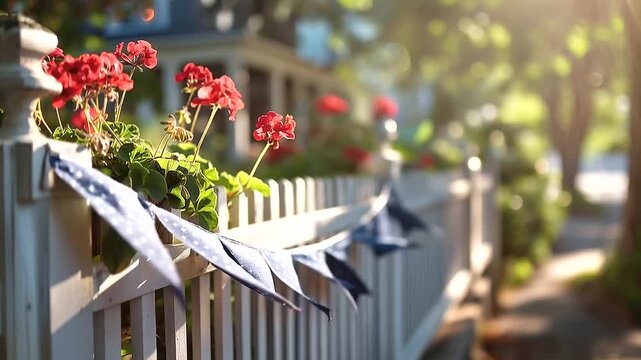 Close up of a dark blue star patterned fabric bunting draped along a white picket fence with bright red geraniums blooming behind it the fabric swag creating graceful curves