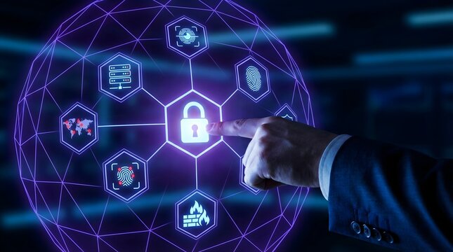 Cyber Security Expert Pointing at Padlock Icon in Hexagonal Global Grid With Data Streams