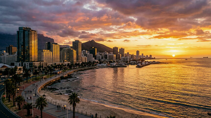 Naklejka premium Impresionante skyline costero al atardecer con luz dorada bañando rascacielos y playa. El sol se pone sobre el océano, iluminando un muelle, barcos en el puerto y un vibrante paseo marítimo.