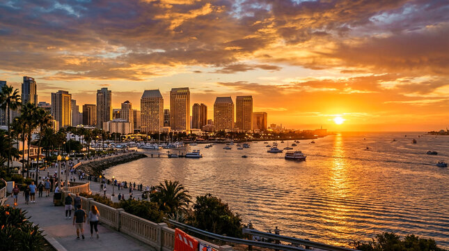 Impresionante skyline costero al atardecer con luz dorada ba&ntilde;ando rascacielos y playa. El sol se pone sobre el oc&eacute;ano, iluminando un muelle, barcos en el puerto y un vibrante paseo mar&iacute;timo.