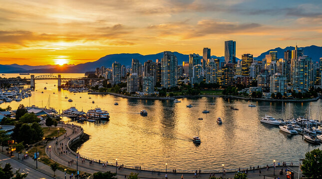 Impresionante skyline costero al atardecer con luz dorada ba&ntilde;ando rascacielos y playa. El sol se pone sobre el oc&eacute;ano, iluminando un muelle, barcos en el puerto y un vibrante paseo mar&iacute;timo.