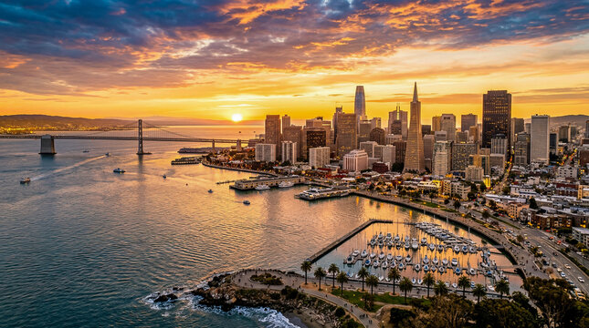 Impresionante skyline costero al atardecer con luz dorada ba&ntilde;ando rascacielos y playa. El sol se pone sobre el oc&eacute;ano, iluminando un muelle, barcos en el puerto y un vibrante paseo mar&iacute;timo.