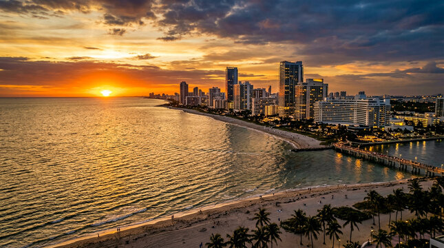 Impresionante skyline costero al atardecer con luz dorada ba&ntilde;ando rascacielos y playa. El sol se pone sobre el oc&eacute;ano, iluminando un muelle, barcos en el puerto y un vibrante paseo mar&iacute;timo.
