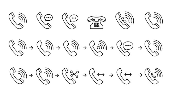 Phone call routing icon set with hand-drawn arrows, chat bubbles, and signal waves for communication workflow