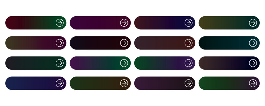Modern dark gradient button set,  web UI elements with arrow icons, sleek rounded rectangular call to action bars for website interface design