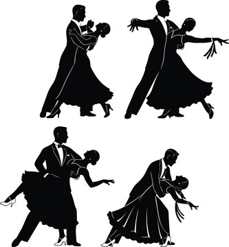Silhouette set of four elegant ballroom dance couples performing waltz and tango in formal attire for classical dance competition performance.