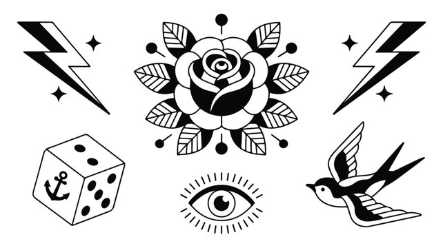 Black and white vector illustration of traditional tattoo elements. Classic old school designs rose, die, eye, swallow, lightning bolts