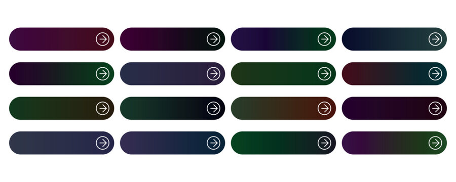 Modern dark gradient web buttons set, 16 sleek rounded rectangular call to action elements, futuristic interface navigation bars with arrow icons