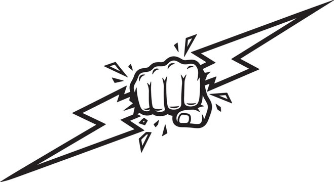 Black fist punching through a jagged lightning bolt on a white background, comic book style also transparent background