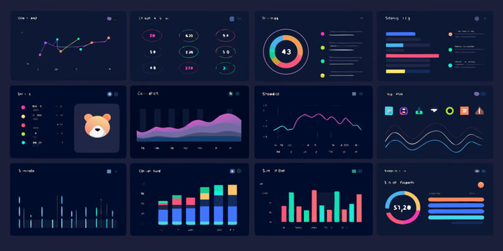 Collection of modern data dashboards displaying various charts and key metrics