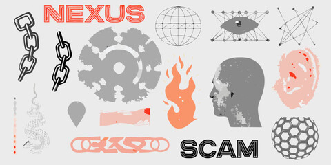 Abstract collection of symbols including chains heads and flames