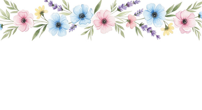 Watercolor floral border with pink and blue anemone flowers, lavender and green leaves isolated on transparent background