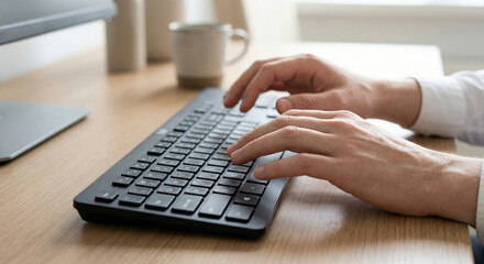 Close up of faceless male hands typing on black keyboard at wooden desk in bright office