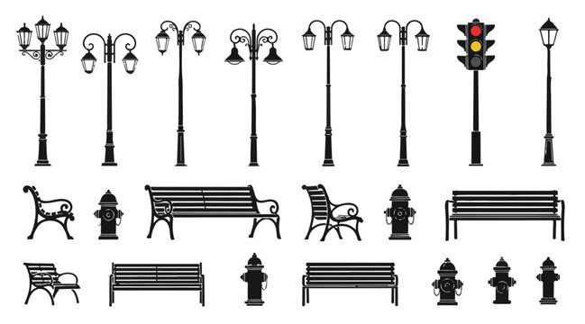 Classic urban furniture collection with decorative street lamps, garden benches, fire hydrants and traffic light silhouettes.