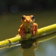 Fototapeta premium An adorable orange frog with large, expressive eyes sits perched on a bright green bamboo stalk.