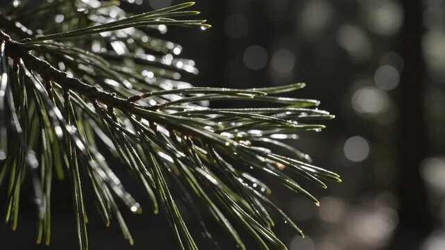 Close-up of a pine tree branch with water droplets in sunlight.