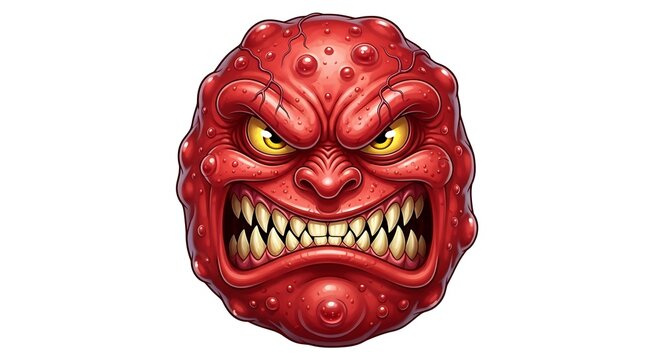 angry cartoon acne monster centered, edges fading into blur while facial features are ultra sharp and detailed, exaggerated expression, glossy red texture, blur and reveal concept, isolated on white 