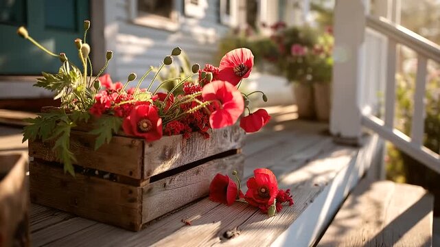Close up of a rustic wooden crate overflowing with fresh red poppies and miniature fabric flags on a farmhouse porch step a few poppies and flag staffs spilling onto the worn
