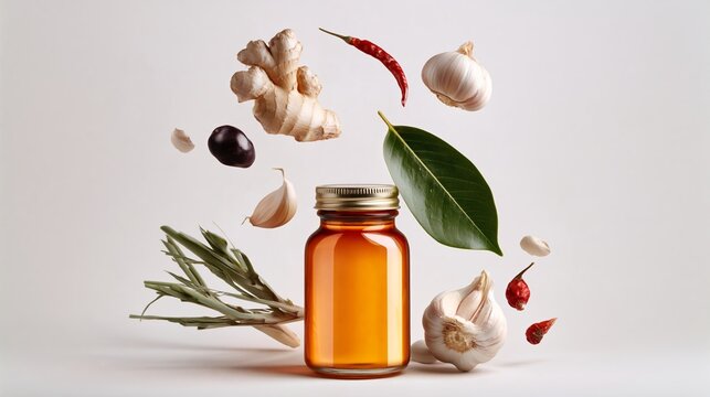 Glass jar of herbal oil surrounded by fresh ginger, garlic, chili peppers, bay leaves, and other spices on a light background showcasing natural ingredients