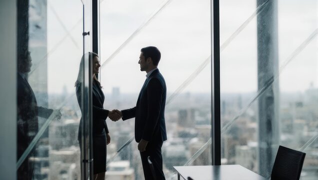 Two professionals shaking hands in a high-rise office with cityscape views