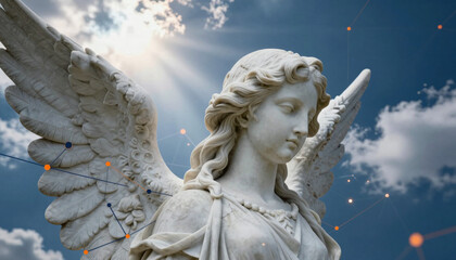 Fototapeta premium Angel Statue with Digital Network Elements Against Sunny Sky