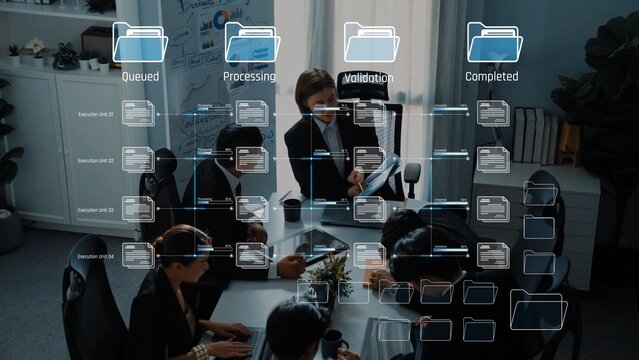 A dynamic team meeting showcasing collaboration in a modern office environment, with workflow management visually represented through folder graphics and active discussions. Raster