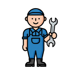 Obraz premium A cartoon mechanic holding a large wrench on transparent background Flat Minimal Icon illustration